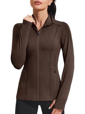 Women Brown Mild Weather Zipper Pockets Long Sleeve Full Zip Up Trench jacket